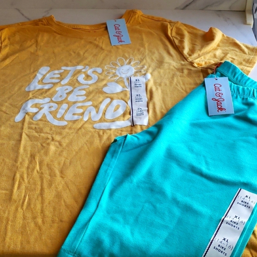 Cat & Jack Yellow Let's Be Friends T-Shirt & Turquoise Bike Shorts Size XL
